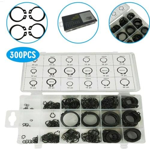 300pcs Circlip Snap Retaining Rings Set 18 Sizes 3-32mm E-Clip External Retaining Ring Metal External Circlip Assortment Kit