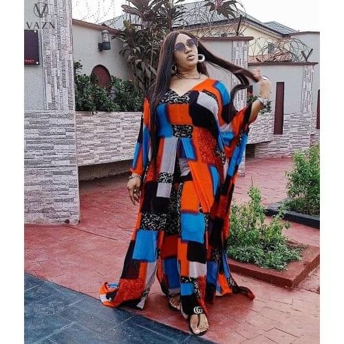 VAZN 2021 Fashion Women Suit Street Casual Style Long Sleeve V Neck Long Top Elastic Long Pants Printed Two Piece Sets