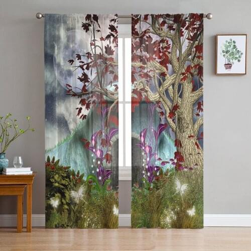 Cartoon Tree House Moon Print Sheer Window Panel Curtains Room for Living Room Bedroom Kitchen Room Chiffon Tulle Curtains
