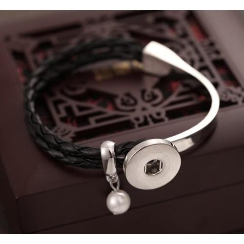 New 18mm Leather Snap Bracelet Handmade Pearl Snap Button Bracelet Fit 18mm Snap Jewelry Vintage Black Leather Bracelets