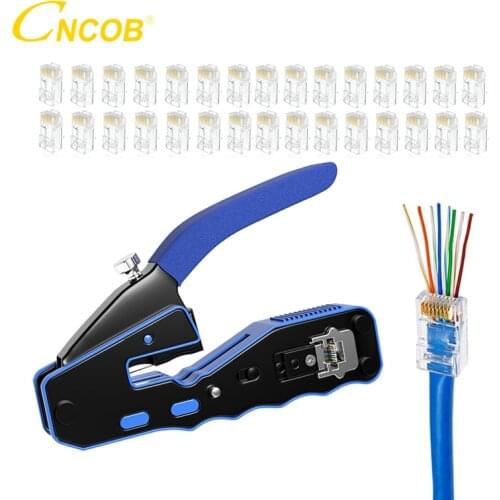 RJ45 Pass Through Crimper Cat5 Cat6 Crimp Tool for Network Modular Plugs Ethernet Cables +30pcs Perforated Cat6 Connectors