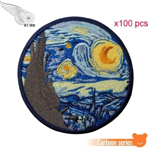 Wholesale 8cm wide The Starry Night Van Gogh Famous Art Work Embroidered Patches 100pcs a Lot for Clothing