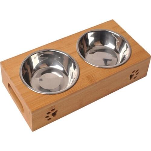 Cat Dish Rack Solid Wooden Pet Bowl Wooden Tableware Wear Durable Stainless Steel Dog Bowl