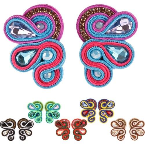 Handmade Soutache colourful womens earrings Large Stud earring Fashion jewelry Pretty weaving Crystals Collocation Shirt dress