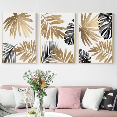 Nordic Modern Style Black Golden Leaves Canvas Painting Plant Minimalism Posters And Prints Wall Pictures For Living Room Decor