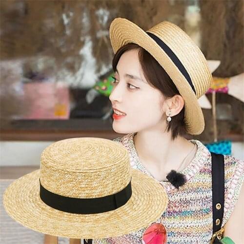 Straw Flat Top Summer Women Personality Straw Hat Black Silk Lace-Up Beach Hat Beach Hat Big Along The Sun And Sun Hats