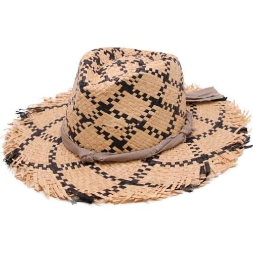 202101-gaoda-maobian new summer handmade fine straw plaid raw brim sea holiday lady fedoras cap men women panama jazz hat