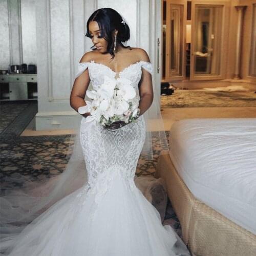Major Beading Plus Size African Wedding Dresses Off Shoulder Mermaid Wedding Gowns vestidos de novia Appliques Zipper Dubai