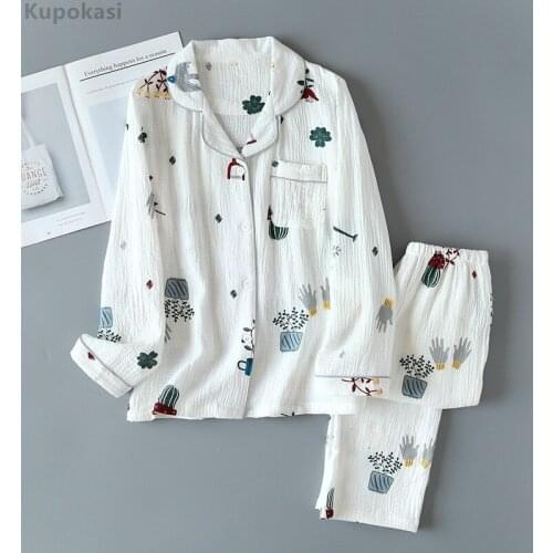 Kupokasi Women Pajamas Casual Turn-down Collar Long Sleeve Sleepwear Plant Printed Autumn Cotton Pyjama Female Homewear