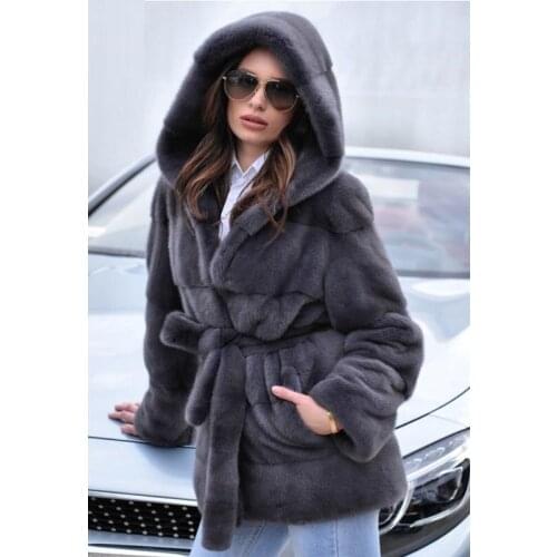 Winter Natural Women Genuine Mink Fur Jacket with Hood 2021 New Woman Fashion Real Mink Fur Coat Mid-length Fur Overcoat Trendy