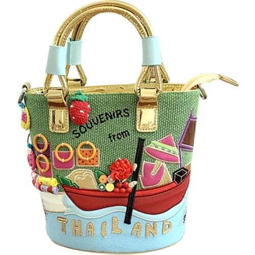 Women Bags Leather Patchwork Embroidery Handbags Girl Shoulder Bags Messenger Bag Female Totes Braccialini Style Thai Scenery