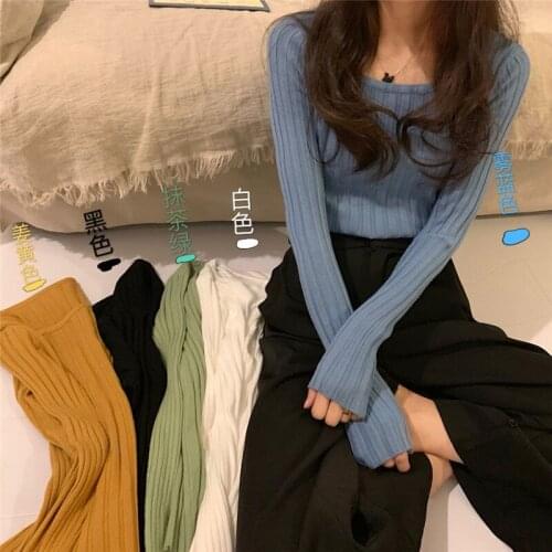 Woman Sweaters Autumn Winter Square Collar Expose Clavicle Sunken Stripe Slim Sweater Inner Wear Big Neckline Sweater For Women