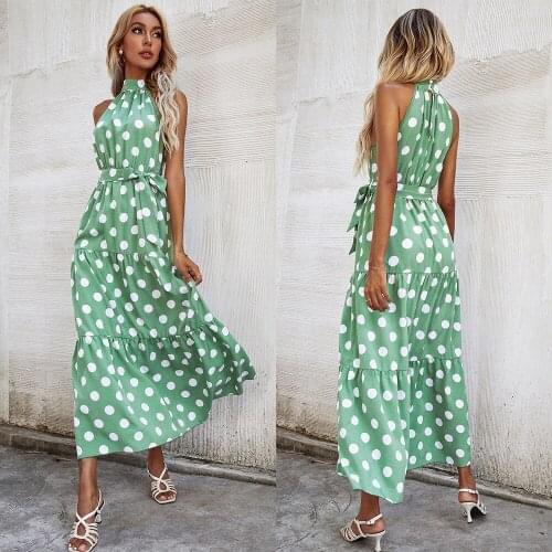Bohemian Women Summer A-Line Dress Hollow Out Design Bandage Decor O-Neck Sleeveless High Waist Polka Print Long Dress 2021Green