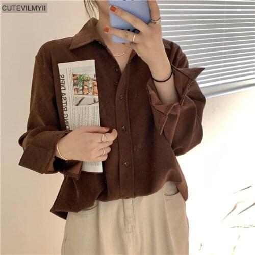 2021 Femme Vintage Blusas Chic Spring Women Turn-down Collar Loose Full Sleeve Female Solid Blouses Shirts