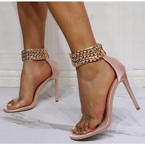BERZIMER Women Sandals Chains Back Zip Open Toe Stiletto High Heels Pumps Wedding Prom Female Shoes Woman Big Size 44 46 50 52