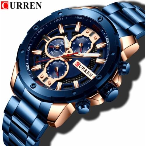 CURREN New Fashion Casual Mens Watches Top Brand Luxury Blue Watch Stainless Steel Sport Waterproof Quartz Watch Men Reloj Hombr