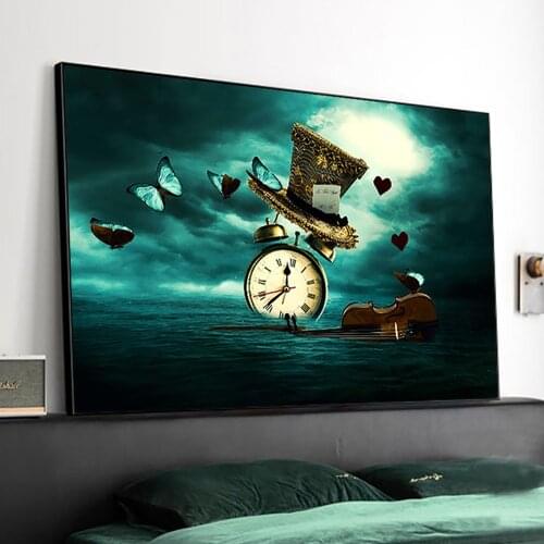 Clock Violin Butterfly Hat Creative Picture Surrealism Home Decor Canvas Painting Modern Wall Art Poster And Print Cuadros