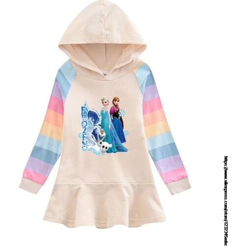 Disney Cartoon Frozen Elsa Print Girl Kid Cotton Hoodie Dress with Pleated Hemline Long SleeveBaby Child Sweatshirt Coat Clothes