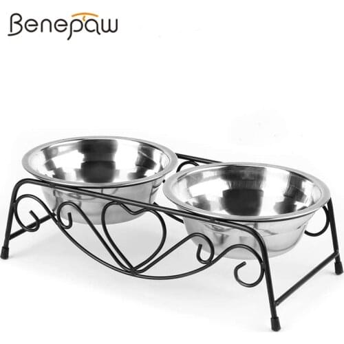 Benepaw Stainless Steel Double Dog Bowls With Stand Sturdy Anti-skid Elevated Pet Feeder No Flipping Water Food Puppy Eating