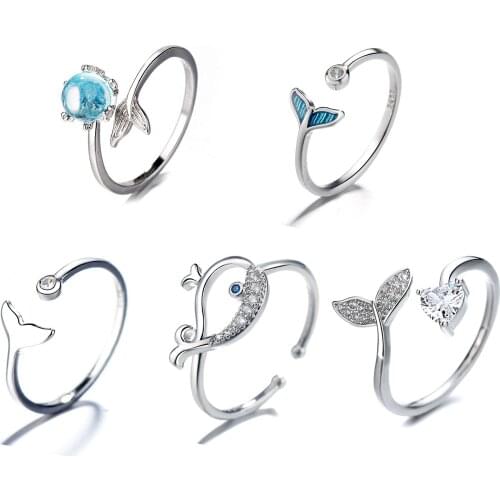 New Fashion Whale Tale Mermaid Clear Blue Silver Color Copper Finger Rings Stackable Adjustable For Women Jewelry Gift Dropship