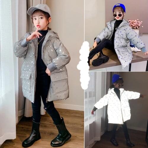 Children Winter Jackets For Girls Fashion Reflective Material Outerwear Warm Coat Teen Print Kids Hooded Clothes 4 6 8 10 12Yrs