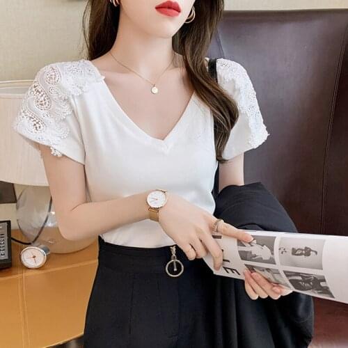 Summer 2021 New Fashion Cotton Womens T Shirt Short Sleeve V Neck Slim Vintage White Hollow Slim Tshirts Tee T-shirt Femme Tops