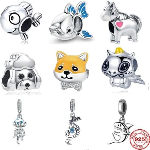 New Animals 925 Silver Bead Dog Dinosaur Mermaid Shark Whale Fit Pandora Original Bracelet Charms Beads For Women DIY Jewelry