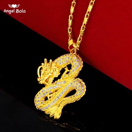 Cubic Zirconia Charm Dragon Pendant Necklaces for Women Girls Gold Color Jewellery Mascot Ornaments Lucky Symbol