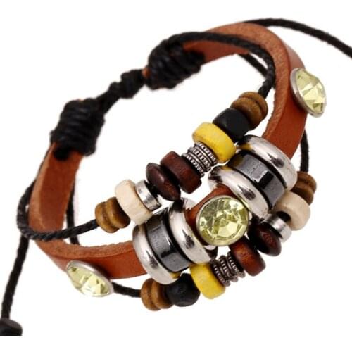 Punk Hippie Fashion Multilayer Beads Bracelet Adjustable Leather Alloy Crystal Charm Bangle Wrap Unisex Wristbands Retro Jewelry