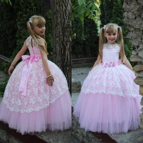 Princess Flower Girl Dresses Jewel Neck Ball Gown Skirt Floor Length White Lace Overlay Pink Tulle Gilrs Pageant Dresses wit Bow