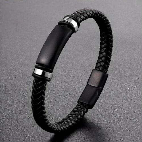 Classic Black Hand-Woven Leather Magnetic Clasp Wrap Bracelet for Men Punk Bracelet Jewelry