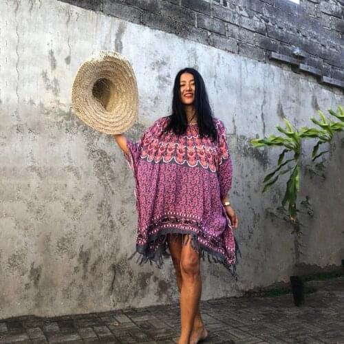 Boho Casual Loose Beach Dress Cover-up 2021 Swimwear Women Beach Tunics Sexy Tassle Print Bikini Cover up Sarong Swimsuit Cloak