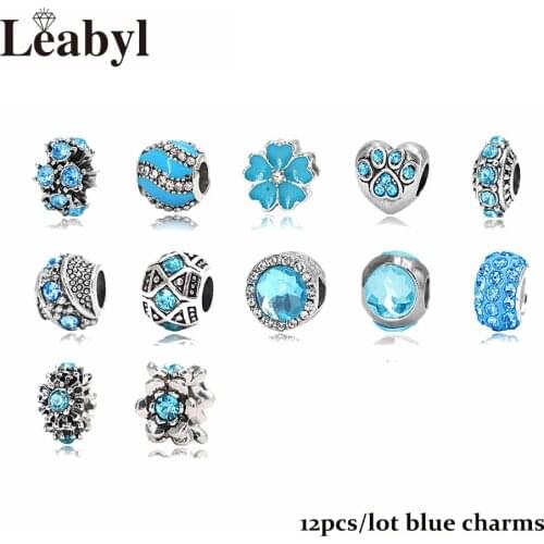 Mix Style Pink Blue Green Crystal Beads fit Bracelet Fashion DIY Crown Flower Heart Big Hole Charm for Women Girl Gift