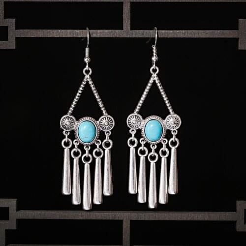 TopHanqi Boho Ethnic Indian Jewelry Sliver Color Long Drop Tassel Earring Pendientes Alloy Hollow Out Dangle Earrings For Women