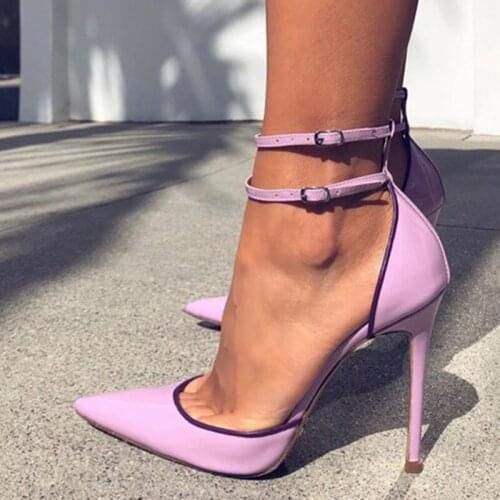 New Arrivals Purple Patent Leather Ankle Strap Pumps Shallow Pointed Toe Stiletto Heels Dress Shoes Cut-outs Celebrating Shoes