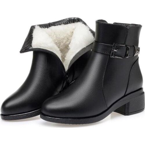 Plus Size Comfort Warm Inside Plush / Wool Boots Women Ankle Boots Thick Heels Fashion Winter Genuine Leather Shoes Snow Boots