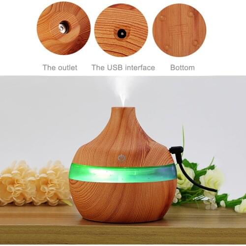300ml Wood Grain Humidifier USB Rechargeable Car Aroma Essential Oil Diffuser Portable Air Freshener with 7 Color LED Lights
