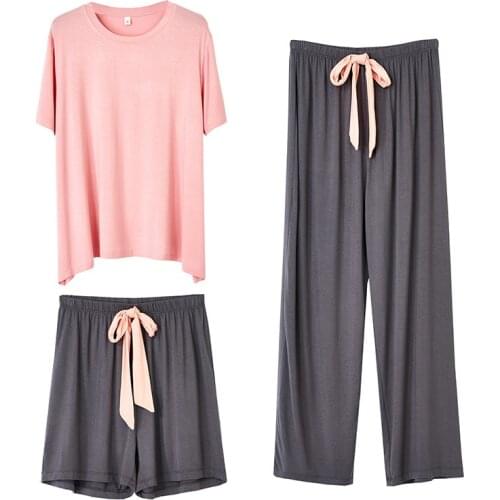 Spring and Summer Modal Ladies Pajamas Hit Color Classic Classic Casual Lazy Loose and Thin Simple Home Service Three-piece Suit