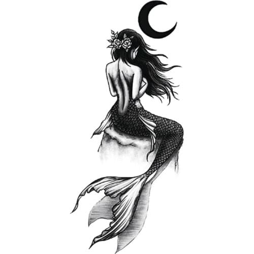Mermaid Flowers Waterproof Temporary Tattoo Sticker Black Moon Design Fake Tattoos Flash Tatoos Legs Beck Body Art for Women Men