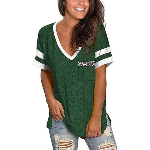 Womens Color Block T-Shirts Leopard Casual Short Sleeve V-Neck Summer Tops