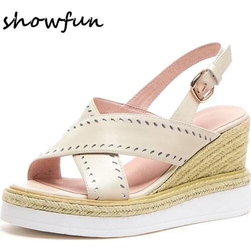 Womens genuine leather cross strap band wedge platform high heel sandals hollow-out open toe summer bohemia style dress shoes