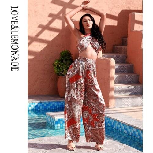 LOVE&LEMONADE Sexy Two-Pieces Changeable Straps High Waist Wide Leg Shape Red Print Set LM6473-10