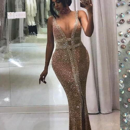 Gold Sparkly Sexy 2019 Evening Dresses Deep V-neck Sheath Sequined Prom Dresses Cheap Beaded Pageant Formal Party Gowns