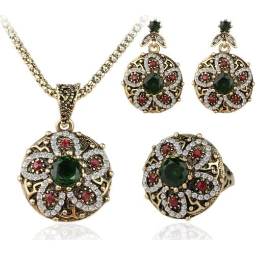 2016 Hot Turkey Jewelry Fashion Vintage Look Flower Crystal Necklace Earrings Ring Sets Color Ancient Bronze Exquiste Gift