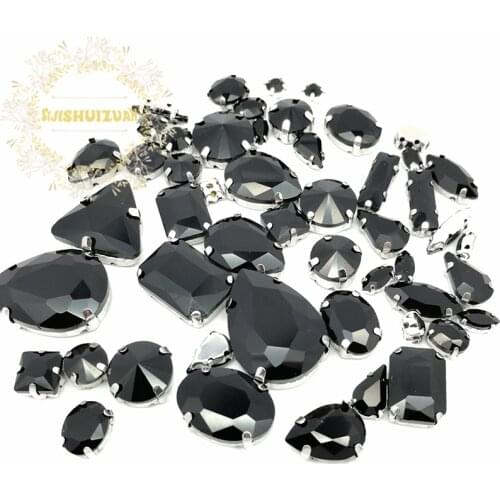 52pcs 23sizes 10shapes MIX Black shape Crystal Glass Sew-on Rhinestones silvery Bottom DIY Womens Dresses sijishuizuan