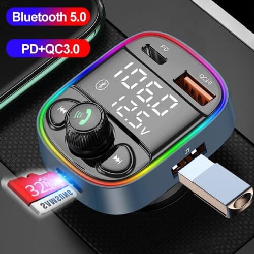 PD20W QC3.0 Fast Charger In-Car FM Transmitter Bluetooth 5.0 Adapter Colorful LED Handsfree Kit Car Mp3 Player TF U Disk Play
