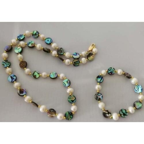 Freshwater pearl white near round and abalone shell coin necklace bracelet 20inch FPPJ wholesale beads nature