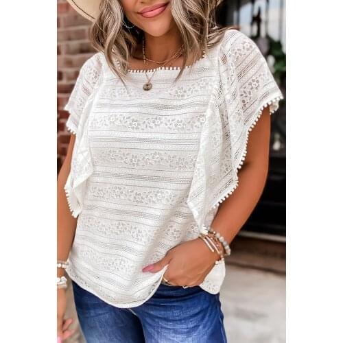 Black Cascading Ruffle Lace Blouse Women Square Collar Short Sleeve Blouse Tops