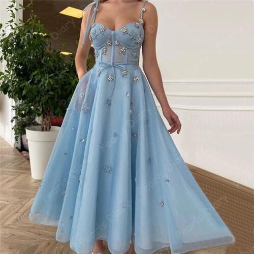 Blue Diamond Evening Dresses Gowns Dubai Kaftans 2021 Spaghetti Strap Prom Dress Ankle Length Women Party Gowns Robe De Soiree