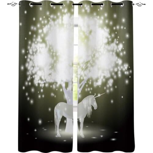 Animal Artistic Transparent Unicorn Big Tree Window Curtains Rod Curtains Outdoor Kitchen Bedroom Indoor Drapes Window Treatment